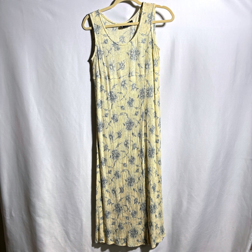VTG 90s Yellow Blue Floral Maxi Dress Crinkle Fairy Grunge Cottage‎ XS Romantic